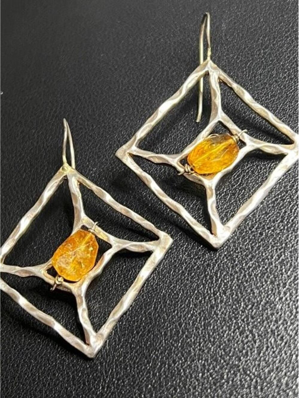 B5130 Artisan Sterling Silve r Geometric Dangle Earrings raw Citrine 17g 2.25" - Picture 2 of 2